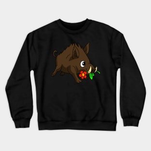 a cute wild boar doodle. kawaii wild pig with a flower. Crewneck Sweatshirt